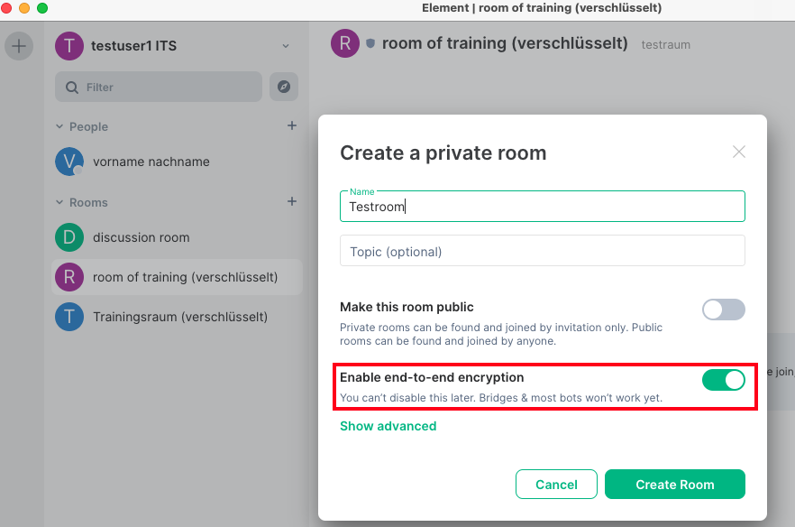 Create new room with activated encryption