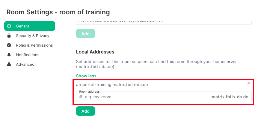 Room settings with the local addresses selected