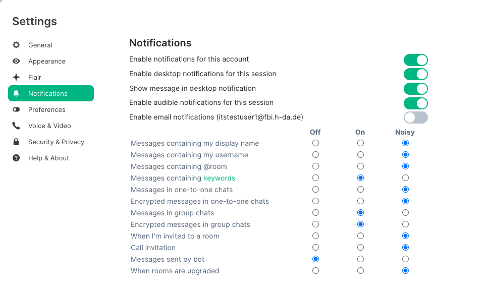 Screenshot of the notification settings with a marker of the switched off e-mail notifications