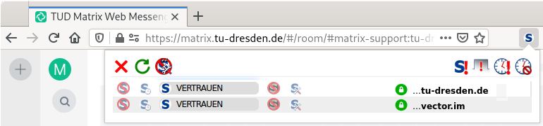 Einstellungen des Browserplugins NoScript mit h-da.de und vector.im als vertrauenswürdige Skriptquellen ausgewählt